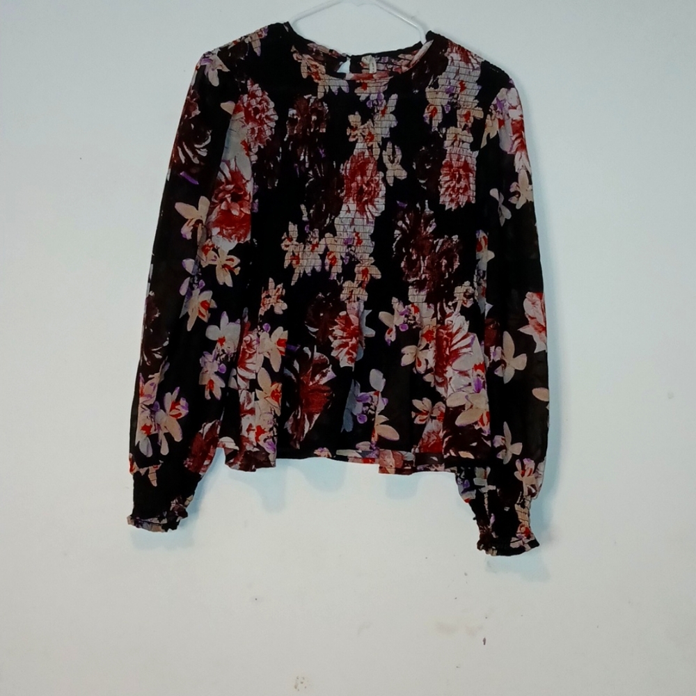 Truth women's Floral Print long sleeve round neck ditsy‎ peplum smocked blouse